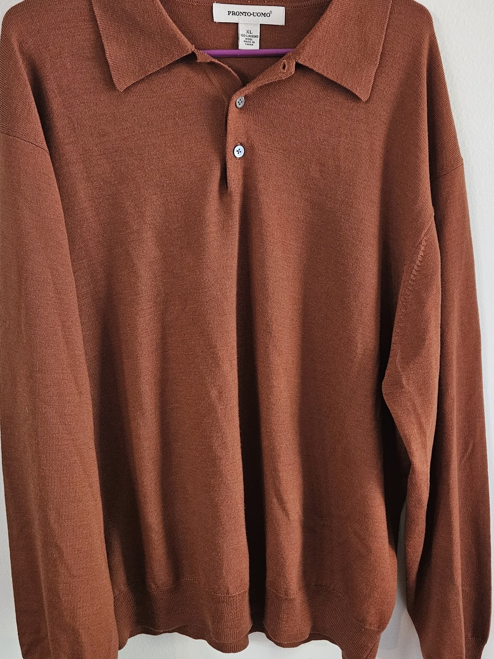 Pronto Uomo Merino Wool Rust-Brown Long Sleeve Polo Sweater. Preppy, Office.